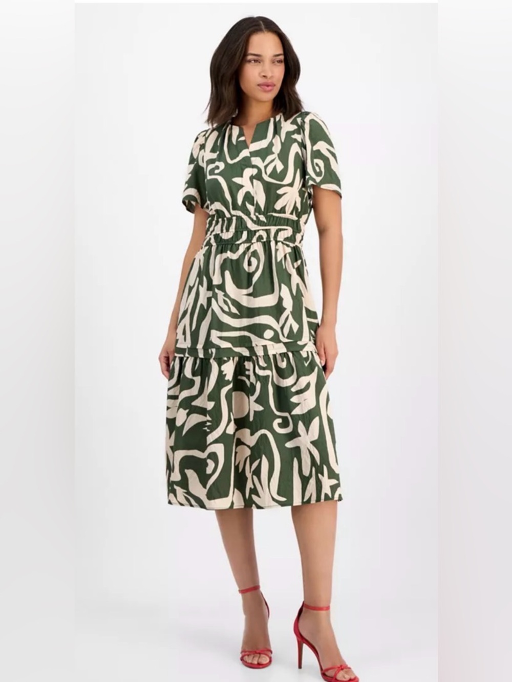 Signature by Robbie Bee Dark Green and Cream Abstract Midi Dress